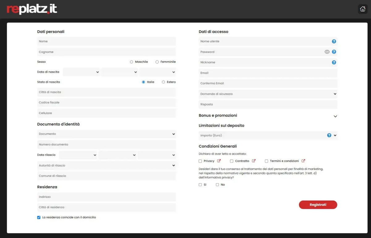 Schermata di registrazione Replatz casino